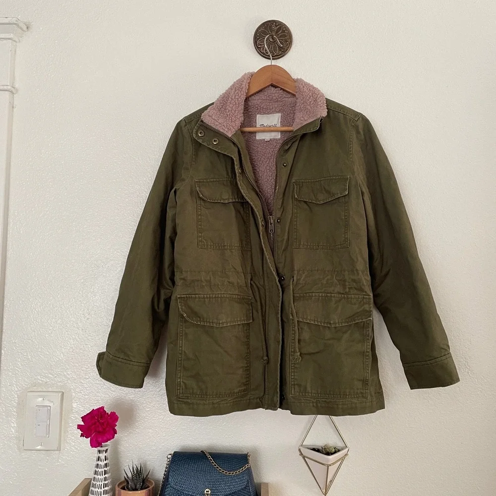 Madewell Olive‎ Green Utility Jacket Lavender Sherpa Lined Military Anorak Coat